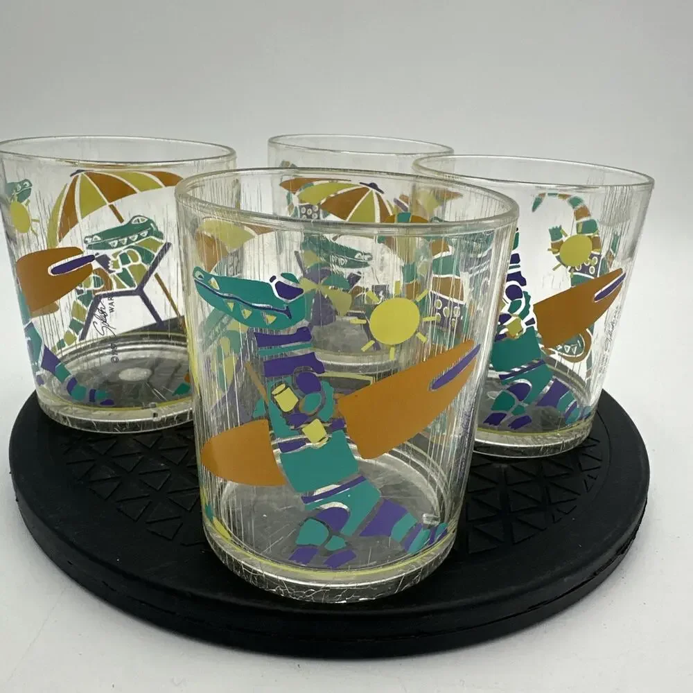 Vintage Set of 4 Retro 1990s Crocodile Splash Tumblers Plastic Cups